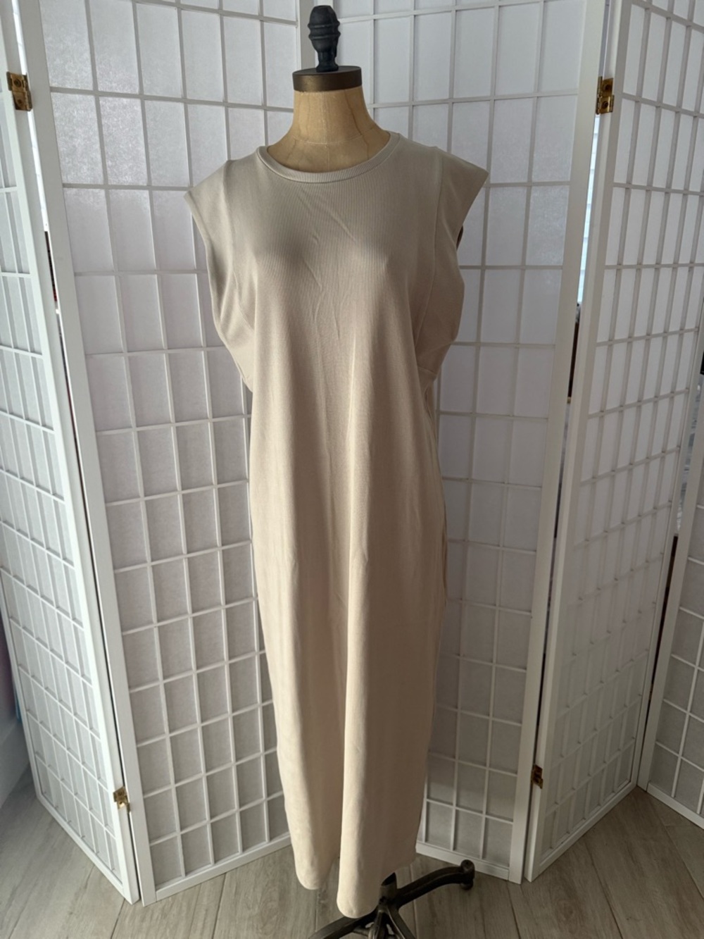 ZARA Ribbed Sleeveless Maxi Dress Cream Neutral Minimalist Size L NWT